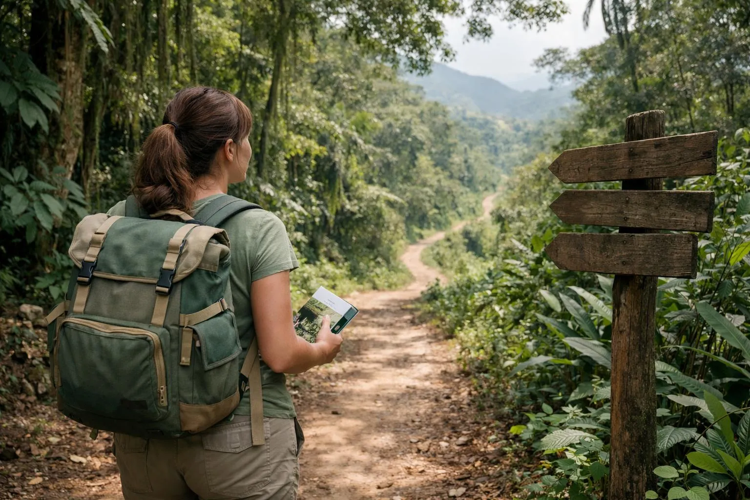"Femme en voyage responsable en Amérique latine, exploration d'un chemin forestier"